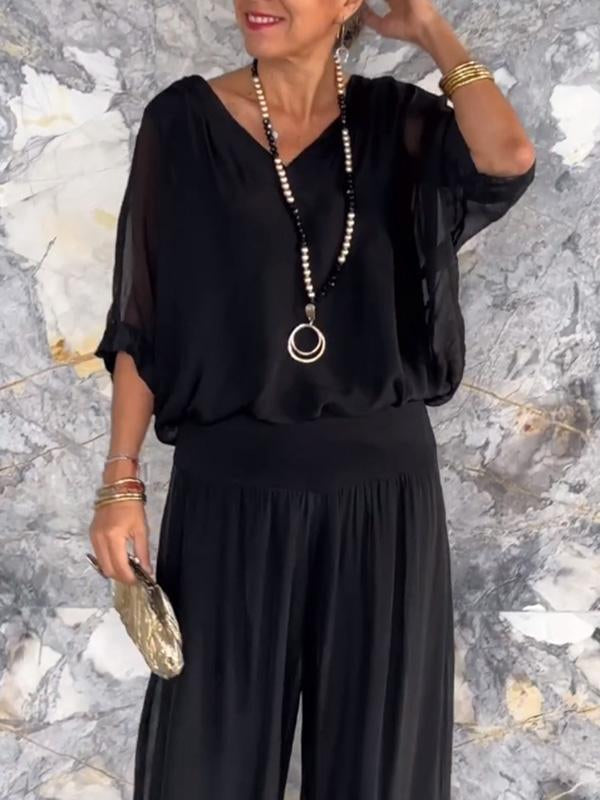 AURA ELEGANTE CONJUNTO DE DOS PIEZAS CON PANTALÓN ANCHO DE GASA