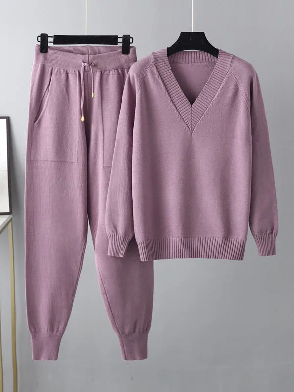 CONJUNTO DELIA ELEGANCIA CÓMODA CON SUÉTER DE V Y PANTALONES HAREM
