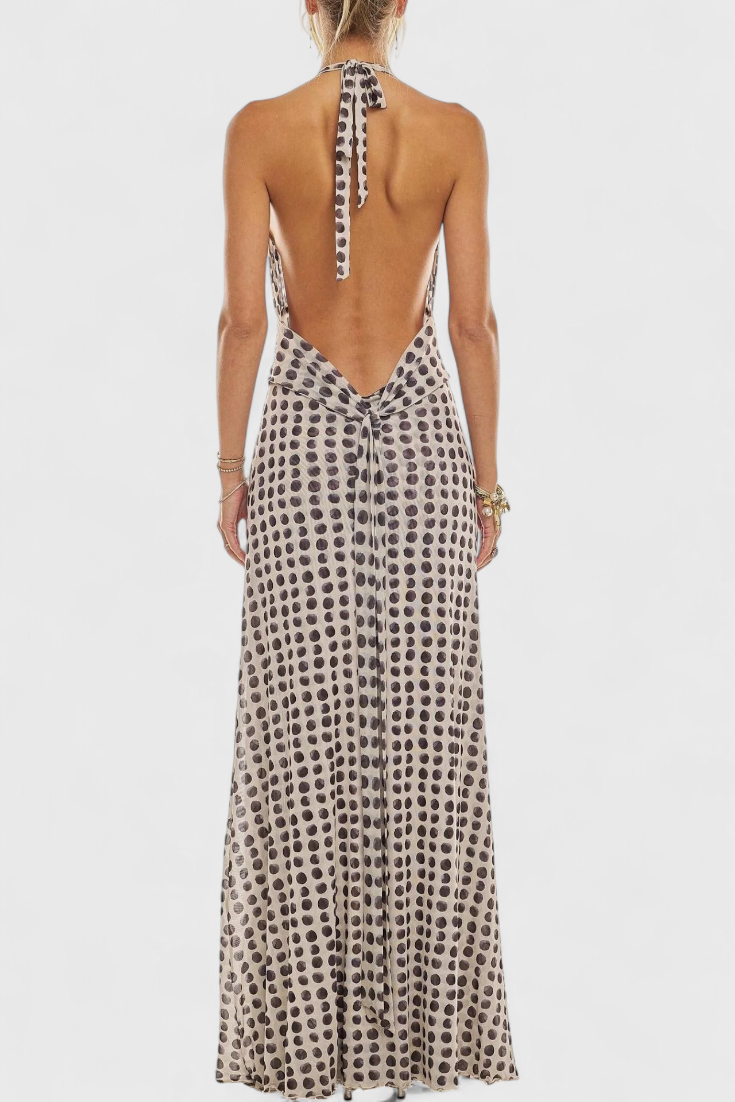 Melodía Vestido Maxi de Lunares con Escote Halter y Cintura Fruncida