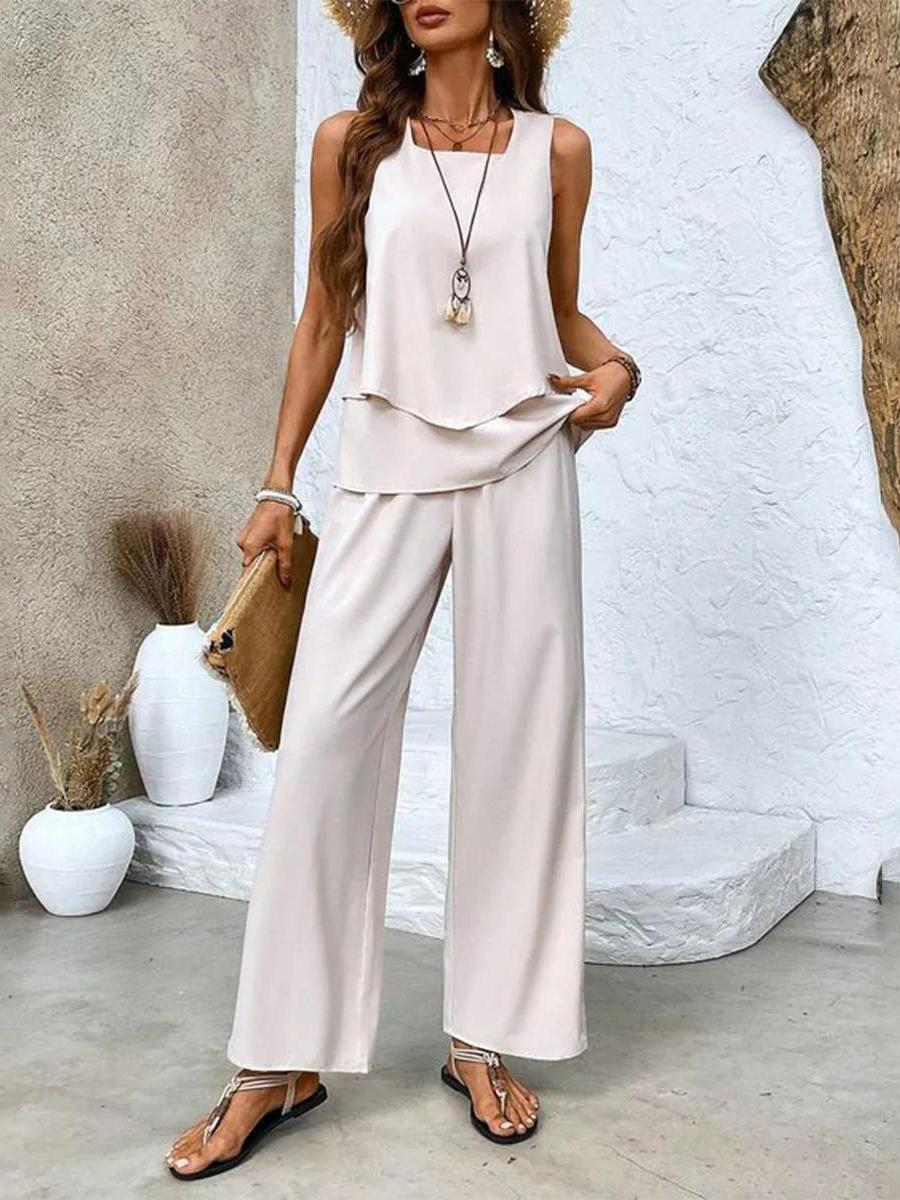 LÍA CONJUNTO ELEGANTE PARA MUJER CON BLUSA SIN MANGAS Y PANTALÓN ANCHO