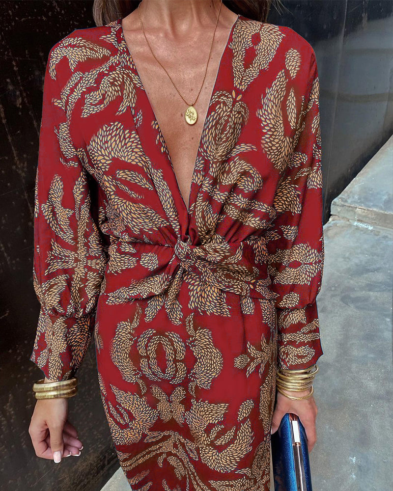 Carmelina | Vestido Midi Vintage con Drapeado y Mangas Largas