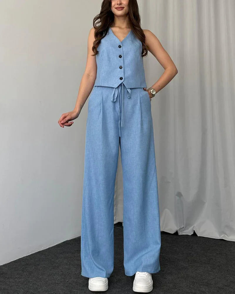HELENA  CONJUNTO DE DOS PIEZAS DE CHALECO CASUAL DE COLOR LISO