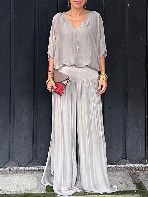AURA ELEGANTE CONJUNTO DE DOS PIEZAS CON PANTALÓN ANCHO DE GASA