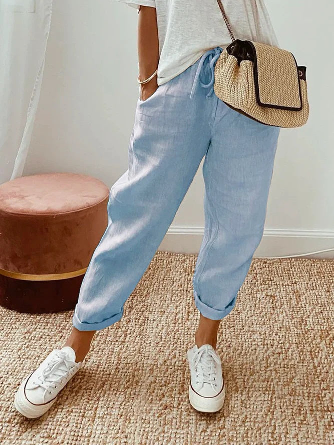 PANTALONES CASUALES LISOS CON CORDÓN Y BOLSILLOS