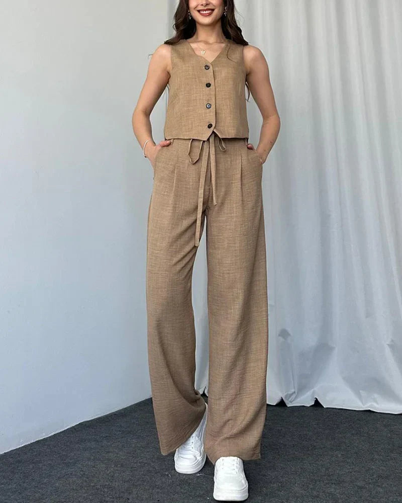 HELENA  CONJUNTO DE DOS PIEZAS DE CHALECO CASUAL DE COLOR LISO