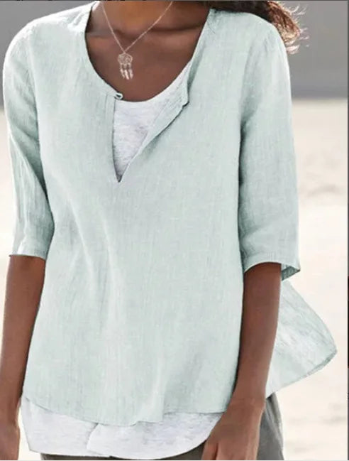 Camicetta elegante da donna in lino bianco con collo a o - Tamera