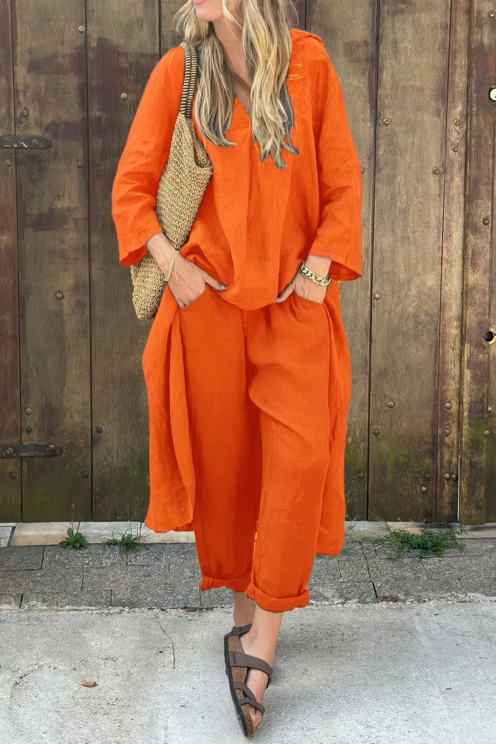 CONJUNTO VERANIEGO ELEGANTE PARA MUJER CON CAMISA LARGA Y PANTALÓN