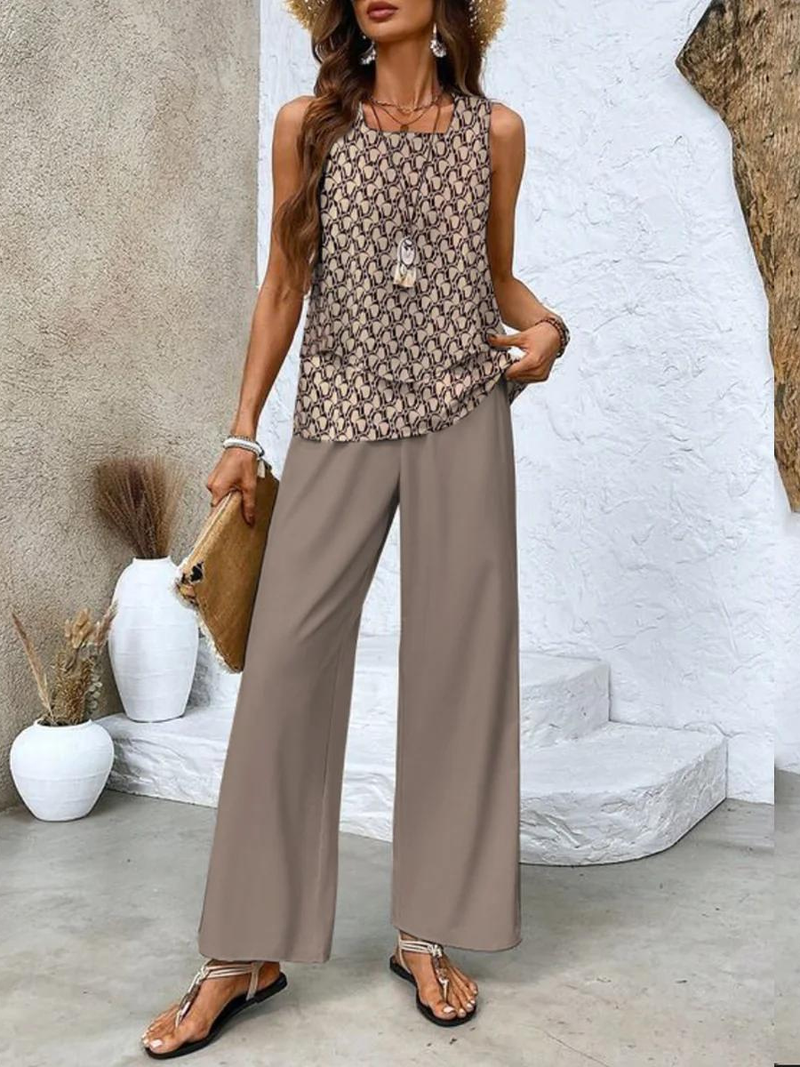 LÍA CONJUNTO ELEGANTE PARA MUJER CON BLUSA SIN MANGAS Y PANTALÓN ANCHO