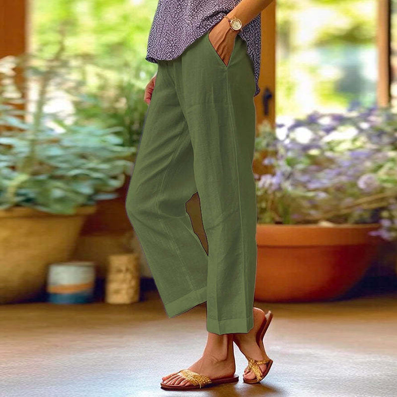 PANTALONES CASUALES LARGOS DE ALGODÓN EN COLOR SÓLIDO