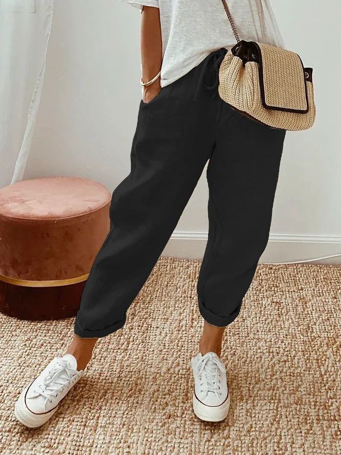 PANTALONES CASUALES LISOS CON CORDÓN Y BOLSILLOS
