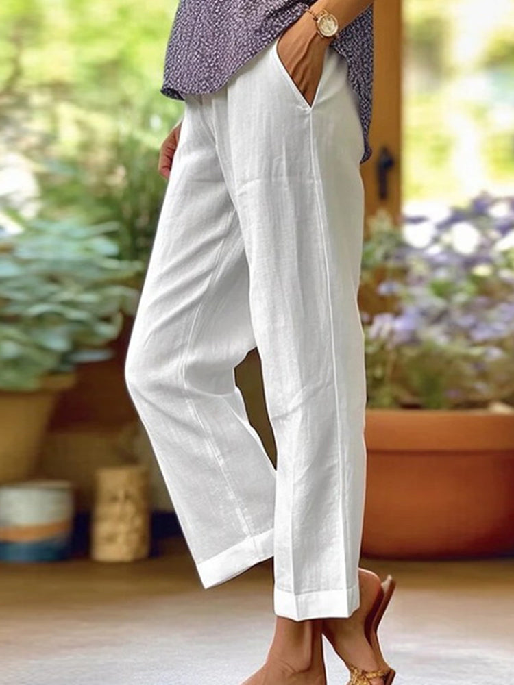 PANTALONES CASUALES LARGOS DE ALGODÓN EN COLOR SÓLIDO