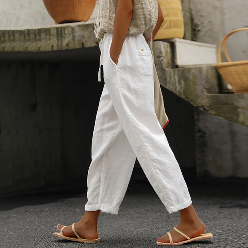 PANTALONES CASUALES HOLGADOS DE ALGODÓN Y LINO EN COLOR SÓLIDO