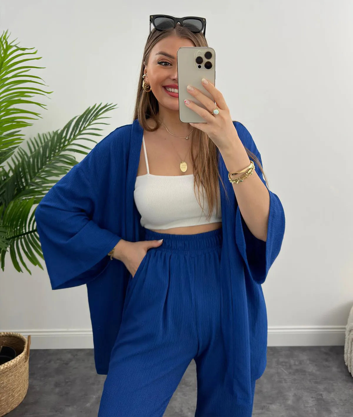 LIA - CONJUNTO 2 PIEZAS MUJER OTOÑO TRAJE SÓLIDO MANGA LARGA TOP SUELTO ABIERTO DELANTERO Y PANTALÓN LARGO PIERNA ANCHA