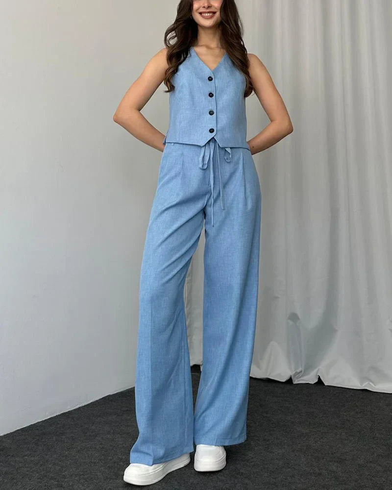 HELENA  CONJUNTO DE DOS PIEZAS DE CHALECO CASUAL DE COLOR LISO