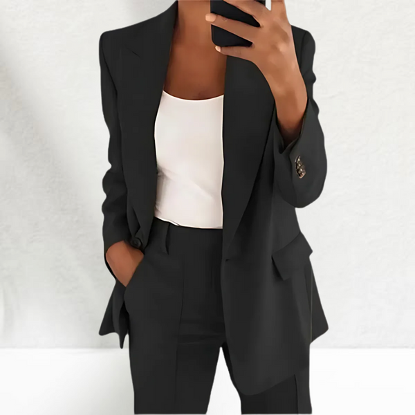 CONJUNTO ELEGANTE DE MUJER CON AMERICANA ESTRUCTURADA Y PANTALÓN AMPLIO
