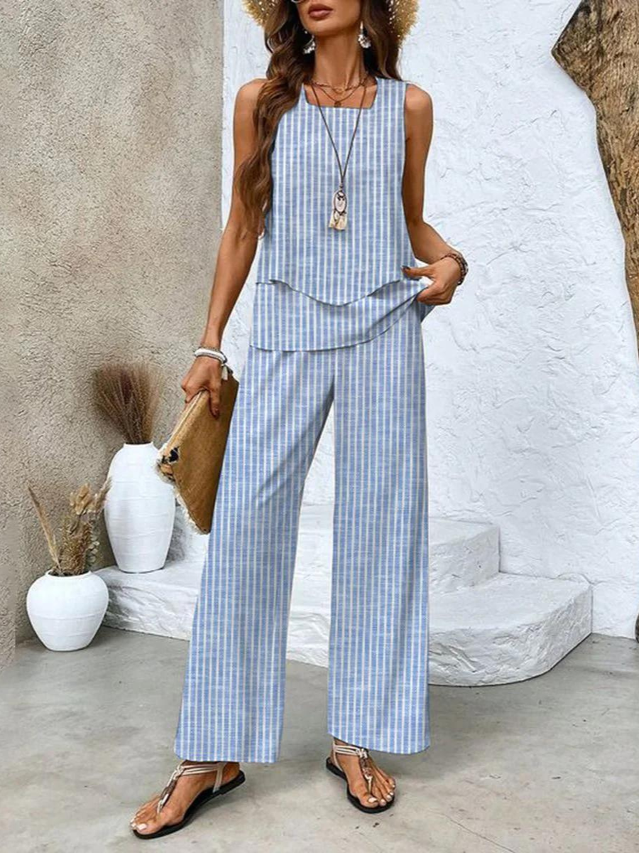 LÍA CONJUNTO ELEGANTE PARA MUJER CON BLUSA SIN MANGAS Y PANTALÓN ANCHO