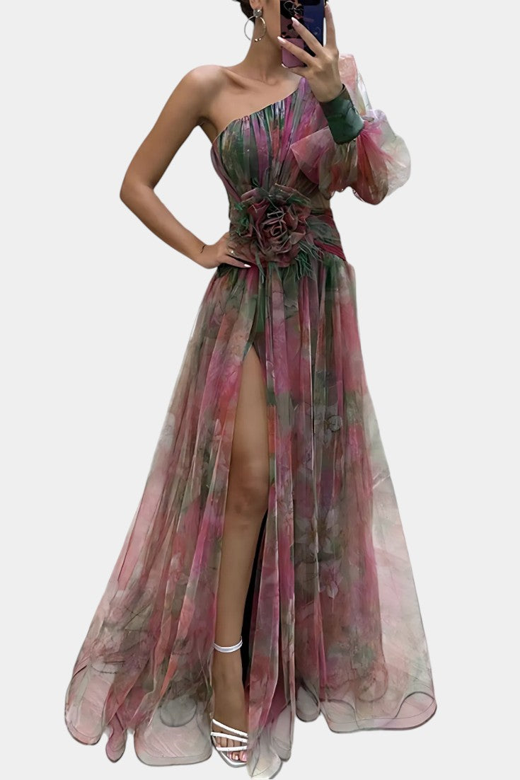 Amelie Vestido Maxi Asimétrico de Un Hombro con Estampado Artístico