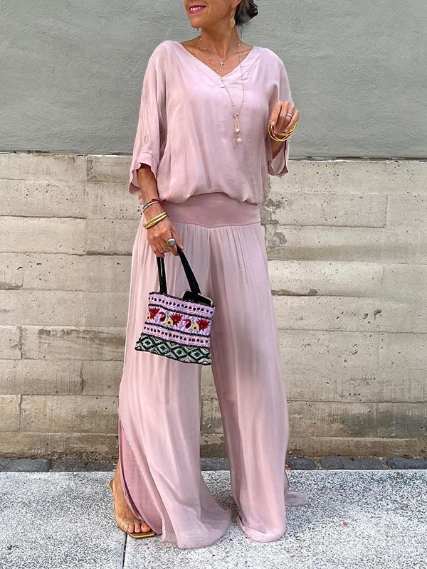 AURA ELEGANTE CONJUNTO DE DOS PIEZAS CON PANTALÓN ANCHO DE GASA