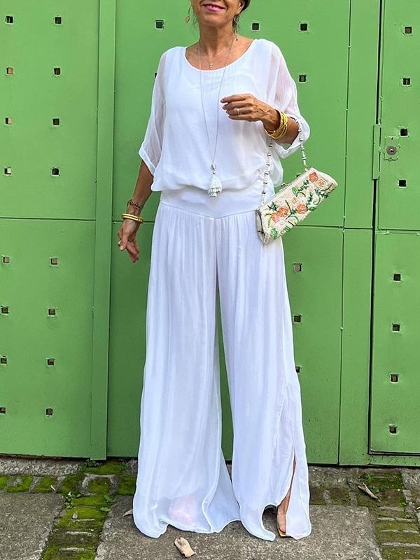 AURA ELEGANTE CONJUNTO DE DOS PIEZAS CON PANTALÓN ANCHO DE GASA