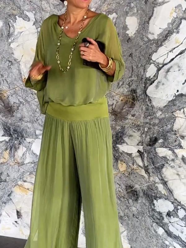 AURA ELEGANTE CONJUNTO DE DOS PIEZAS CON PANTALÓN ANCHO DE GASA