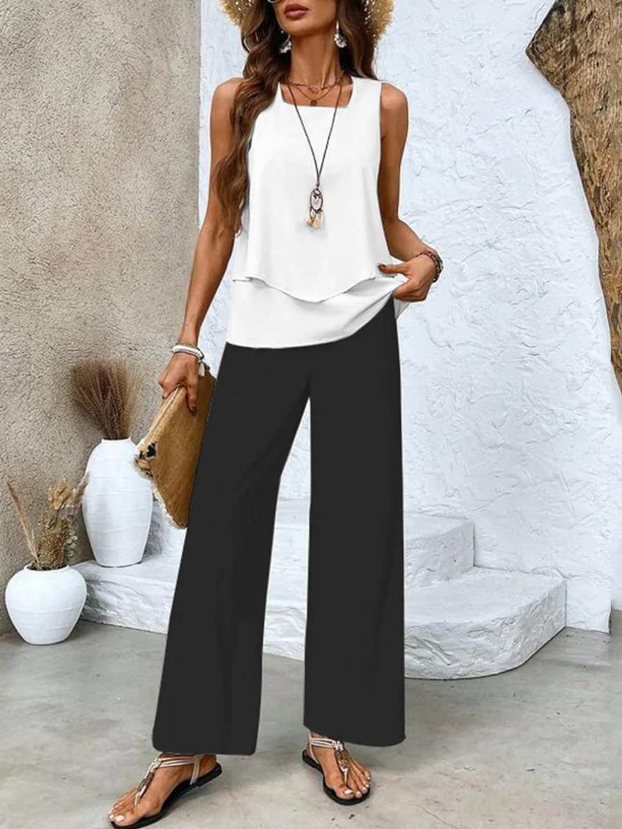 LÍA CONJUNTO ELEGANTE PARA MUJER CON BLUSA SIN MANGAS Y PANTALÓN ANCHO