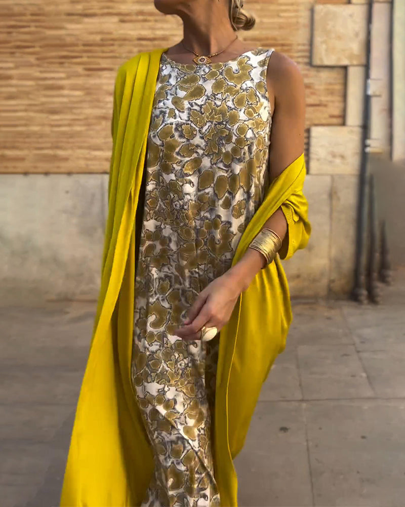 CONJUNTO ELEGANTE DE VESTIDO LARGO SIN MANGAS CON ABRIGO LIGERO A JUEGO