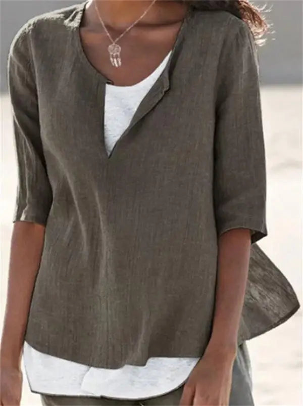 Camicetta elegante da donna in lino bianco con collo a o - Tamera