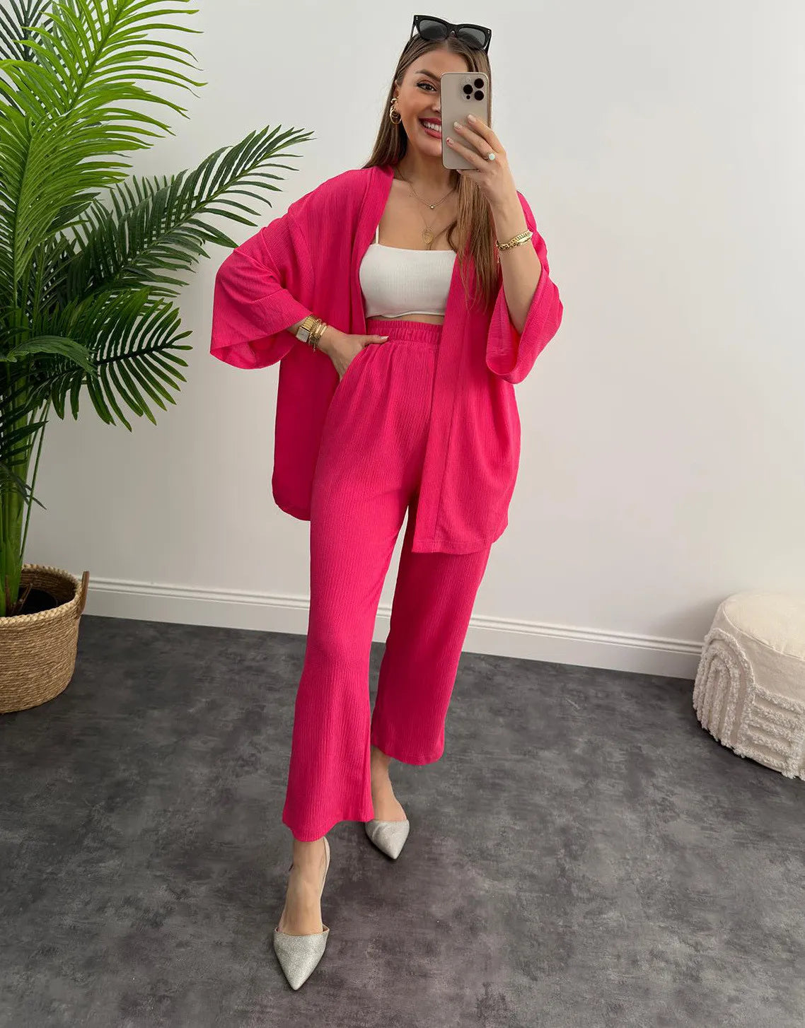 LIA - CONJUNTO 2 PIEZAS MUJER OTOÑO TRAJE SÓLIDO MANGA LARGA TOP SUELTO ABIERTO DELANTERO Y PANTALÓN LARGO PIERNA ANCHA