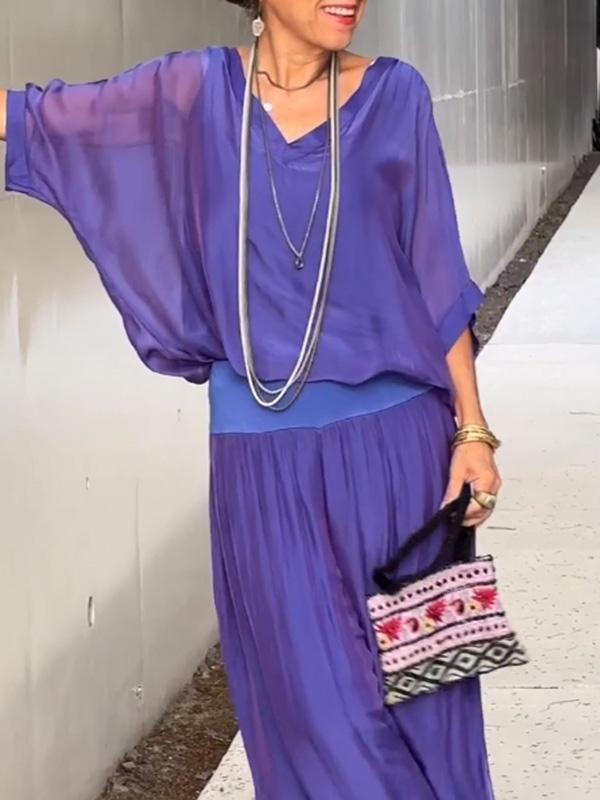 AURA ELEGANTE CONJUNTO DE DOS PIEZAS CON PANTALÓN ANCHO DE GASA