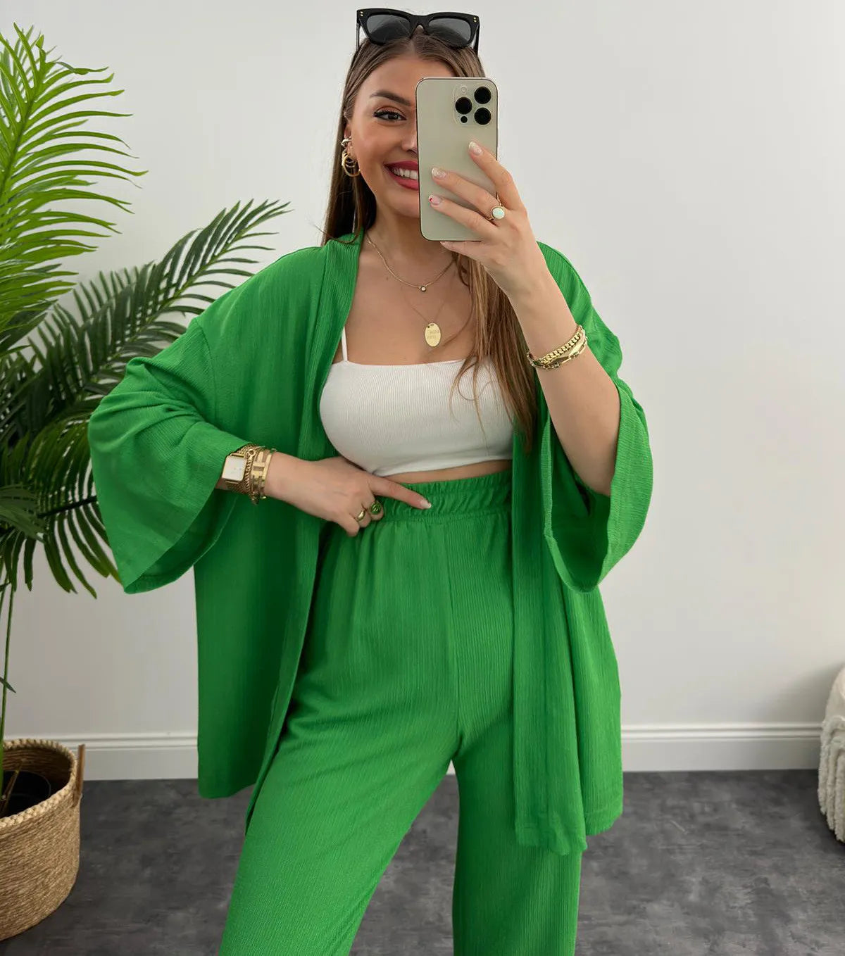 LIA - CONJUNTO 2 PIEZAS MUJER OTOÑO TRAJE SÓLIDO MANGA LARGA TOP SUELTO ABIERTO DELANTERO Y PANTALÓN LARGO PIERNA ANCHA