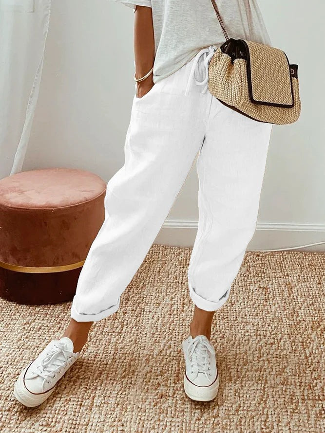 PANTALONES CASUALES LISOS CON CORDÓN Y BOLSILLOS