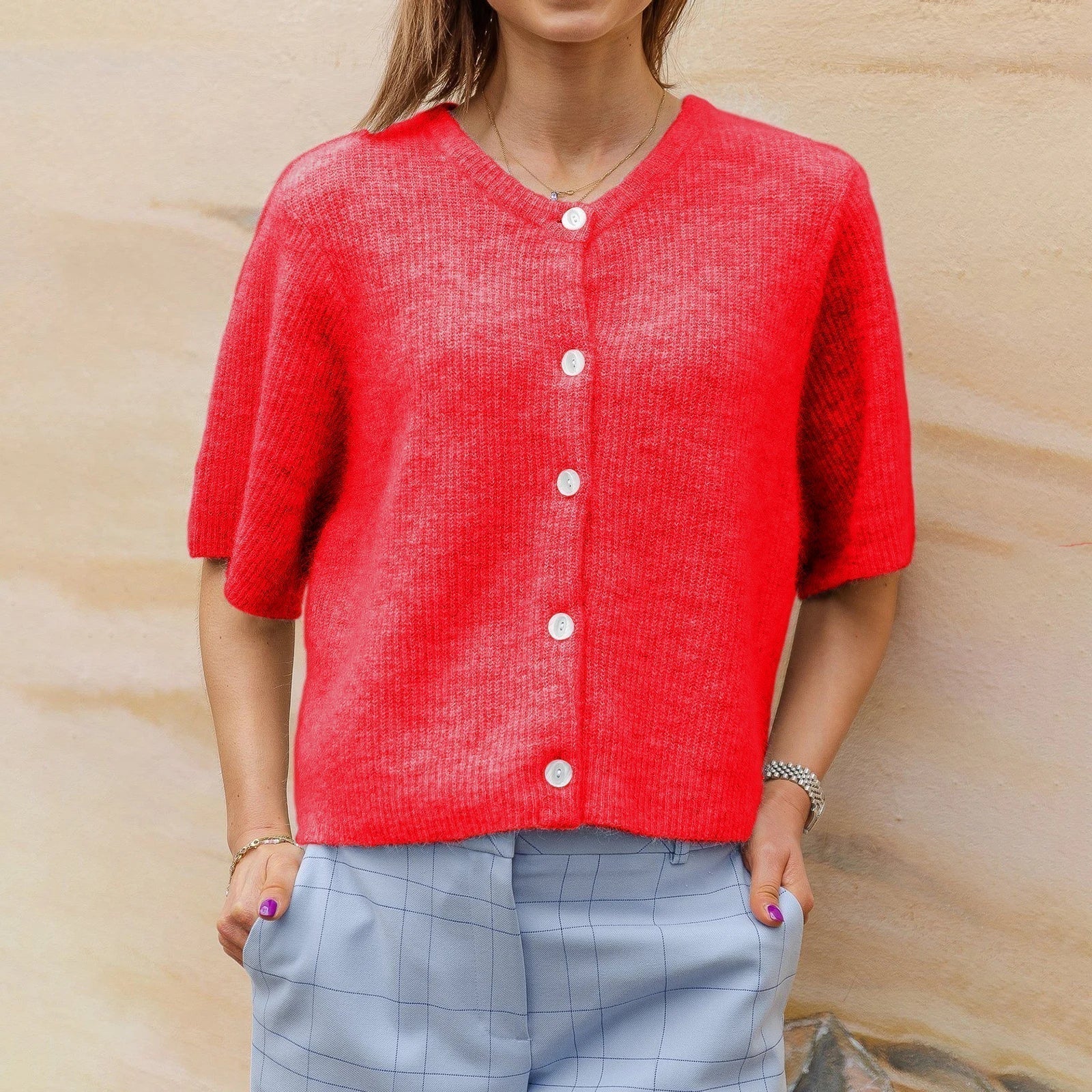 Cardigan donna a maniche corte con scollo rotondo | Ideale per tutte le stagioni