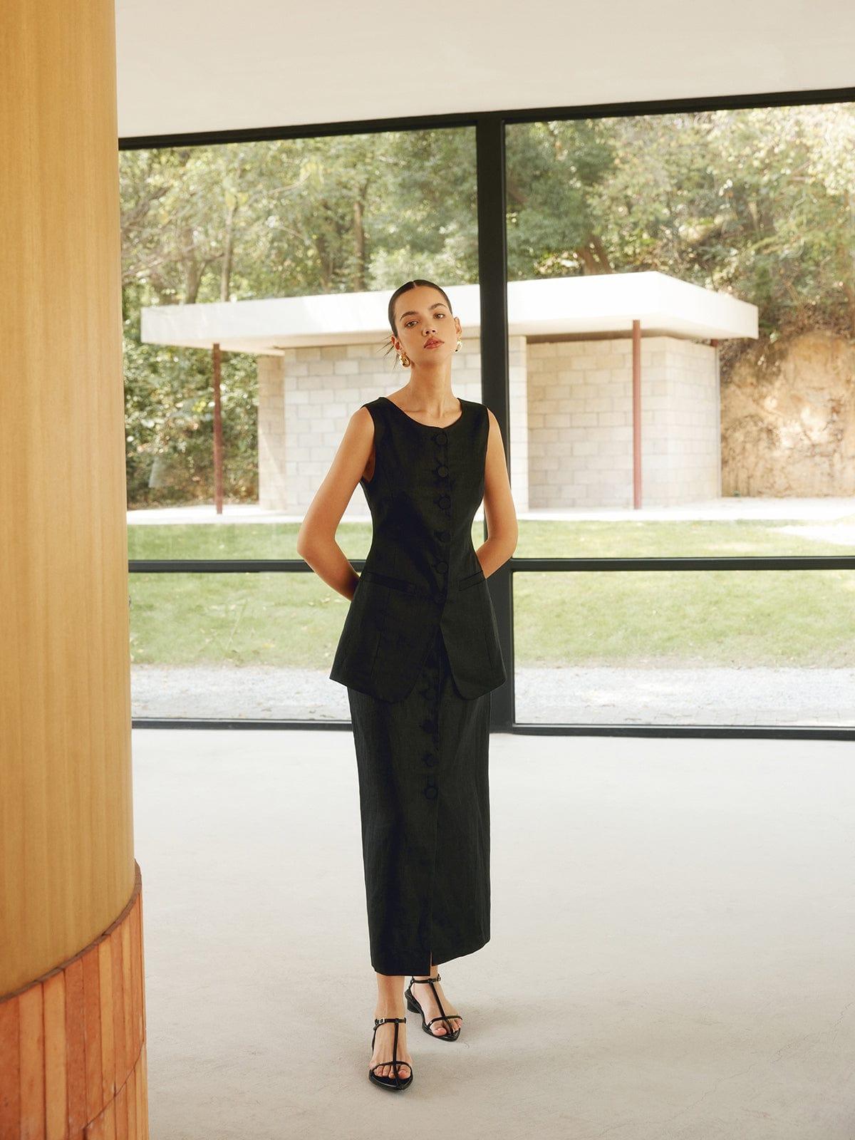 LEONOR CONJUNTO ELEGANTE DE CÁRDIGAN SIN MANGAS CON BOTONES Y FALDA LARGA