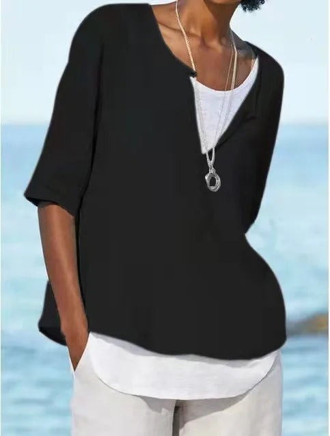 Camicetta elegante da donna in lino bianco con collo a o - Tamera