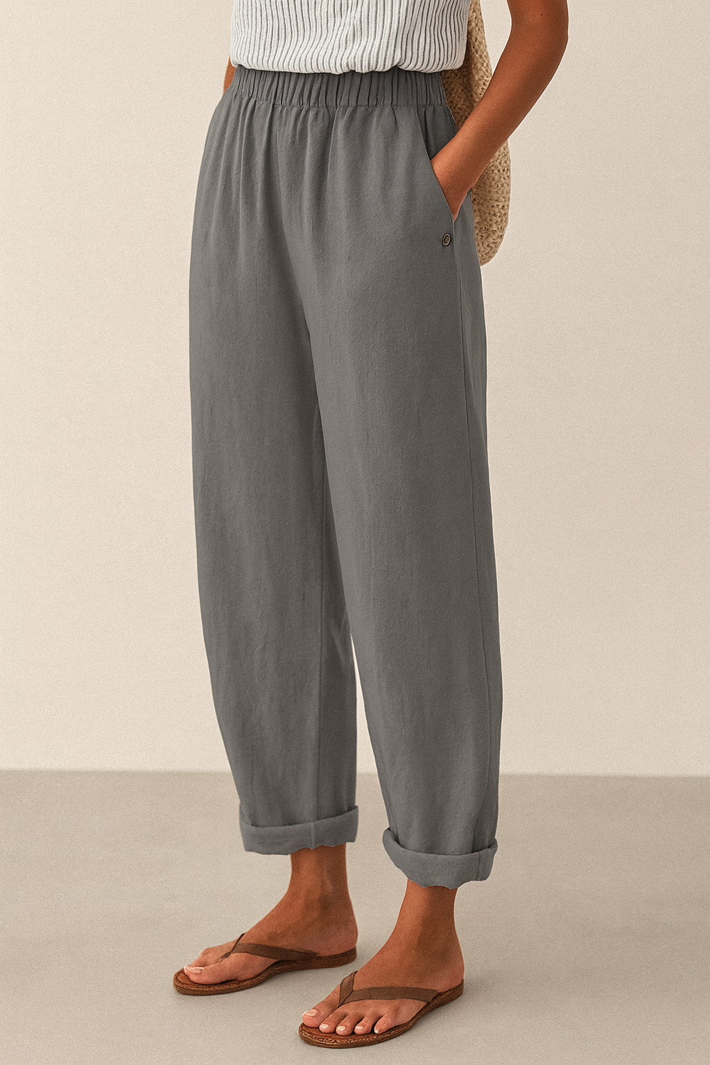 PANTALONES CASUALES DE ALGODÓN Y LINO – COLOR SÓLIDO