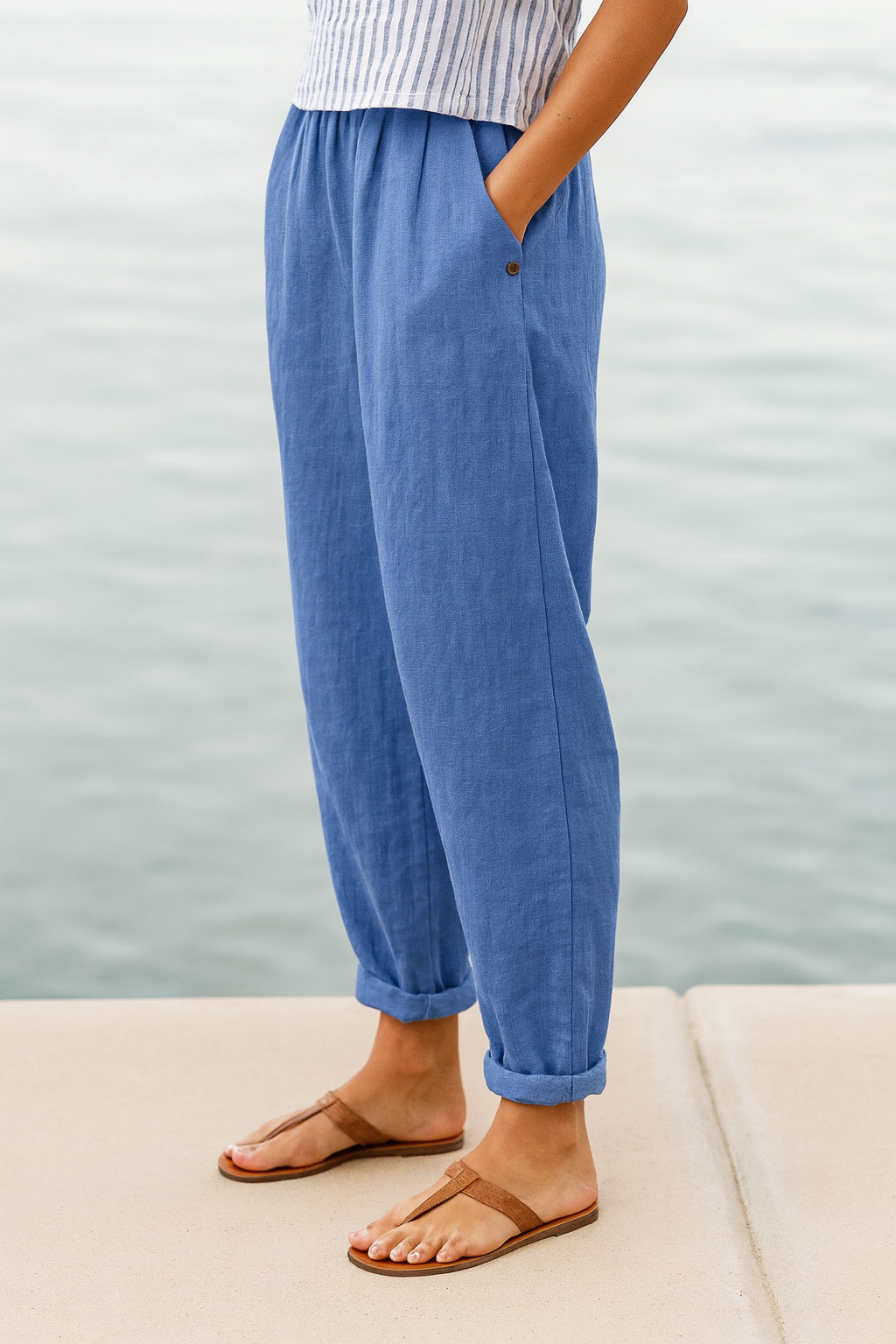 PANTALONES CASUALES DE ALGODÓN Y LINO – COLOR SÓLIDO