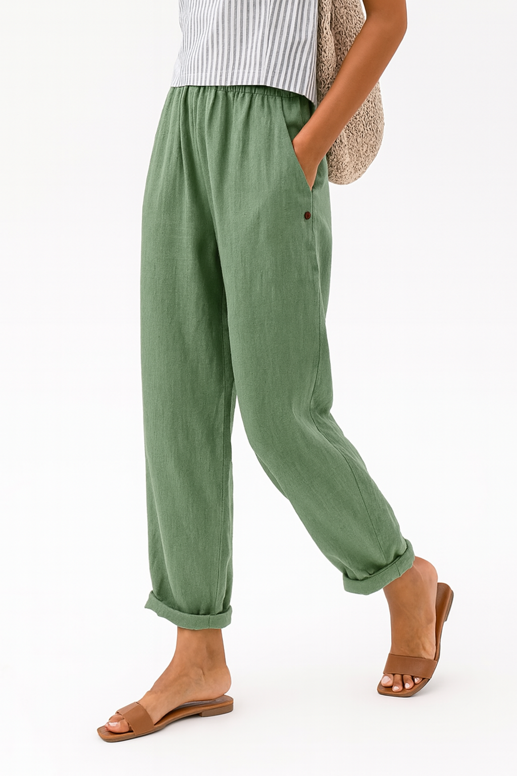 PANTALONES CASUALES DE ALGODÓN Y LINO – COLOR SÓLIDO