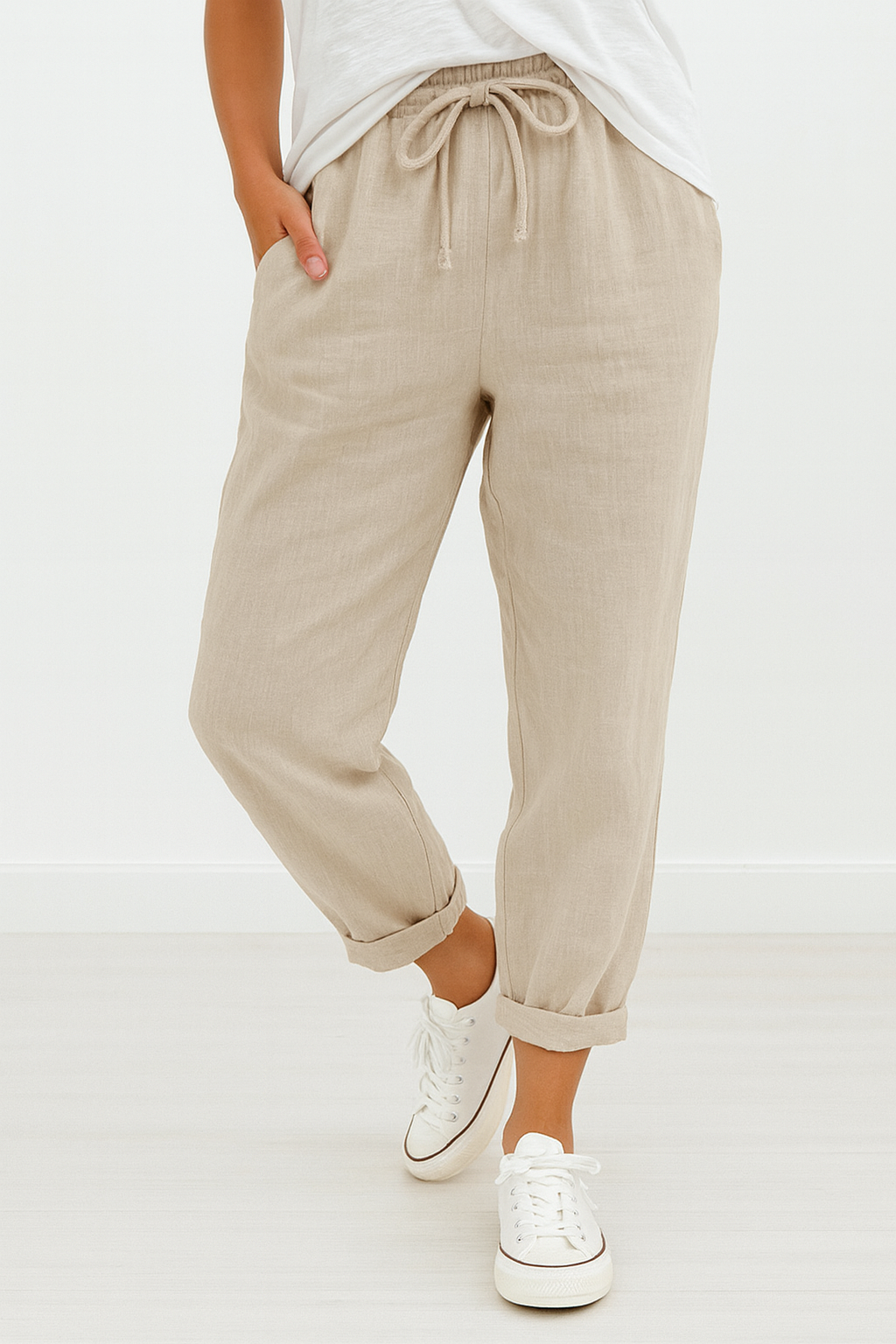 PANTALONES CASUALES LISOS CON CORDÓN Y BOLSILLOS