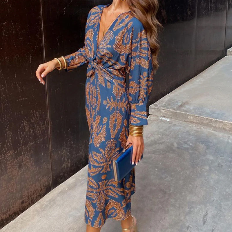 Carmelina | Vestido Midi Vintage con Drapeado y Mangas Largas