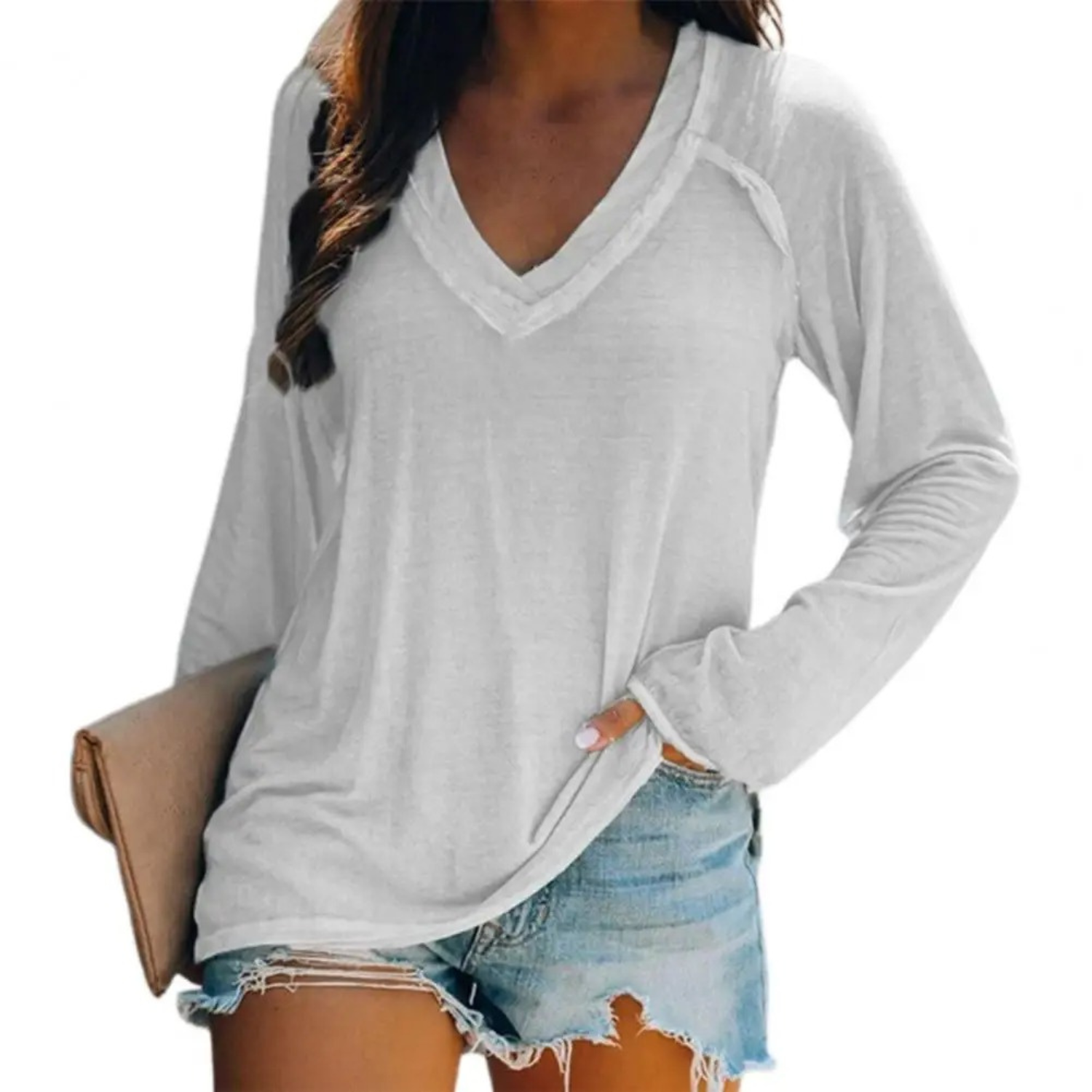 Eleanor - Elegante camicia bianca a maniche lunghe con scollo a V e giacca a vento da donna