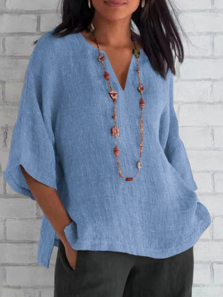 Camicetta da donna in lino leggero blu con scollo a V - Manias