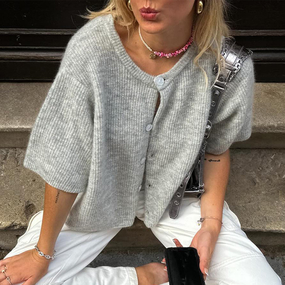 Cardigan donna a maniche corte con scollo rotondo | Ideale per tutte le stagioni