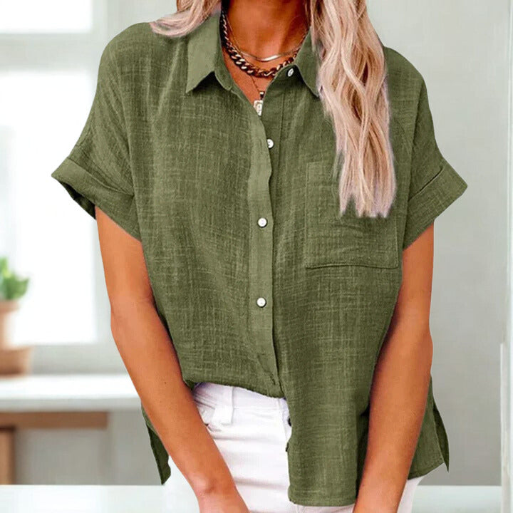Camicia in lino con abbottonatura e tasca applicata per donna
