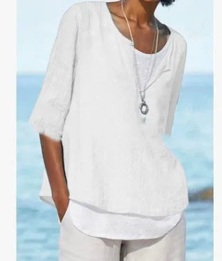 Camicetta elegante da donna in lino bianco con collo a o - Tamera