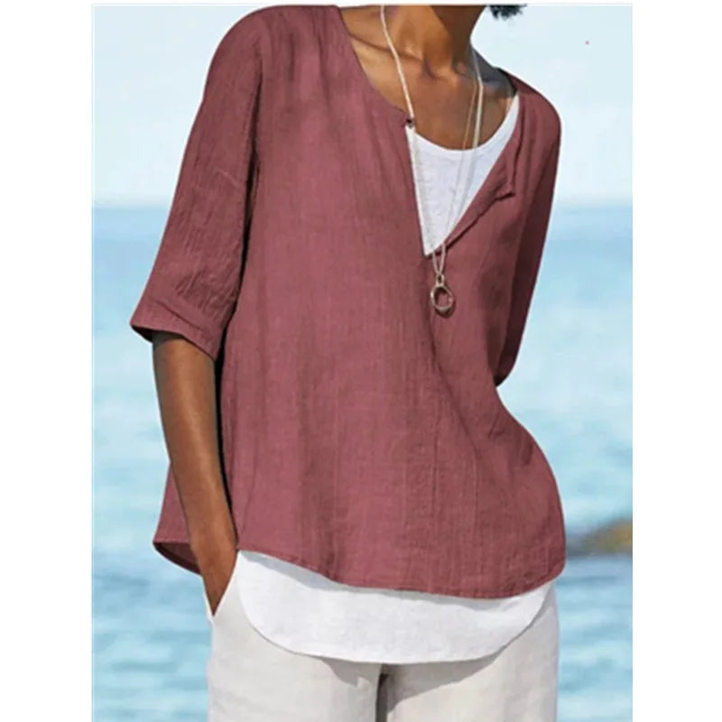 Camicetta elegante da donna in lino bianco con collo a o - Tamera