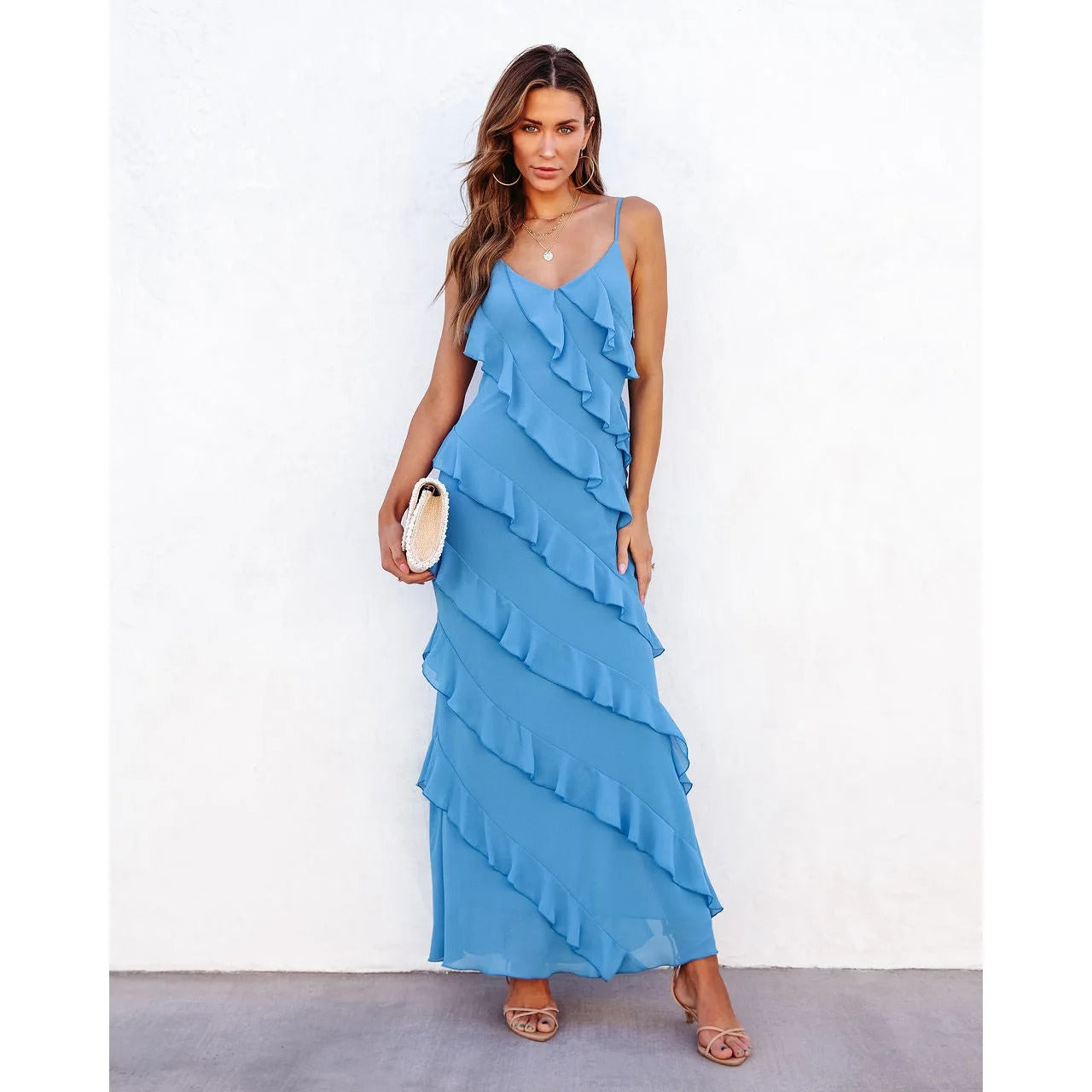 ISADORA  VESTIDO LARGO ELEGANTE CON VOLANTES