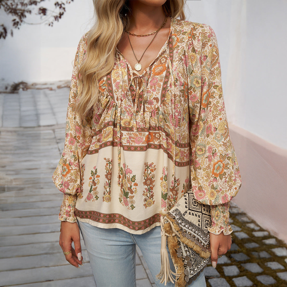 Blusa donna boho maniche lunghe scollo con laccetti tessuto leggero