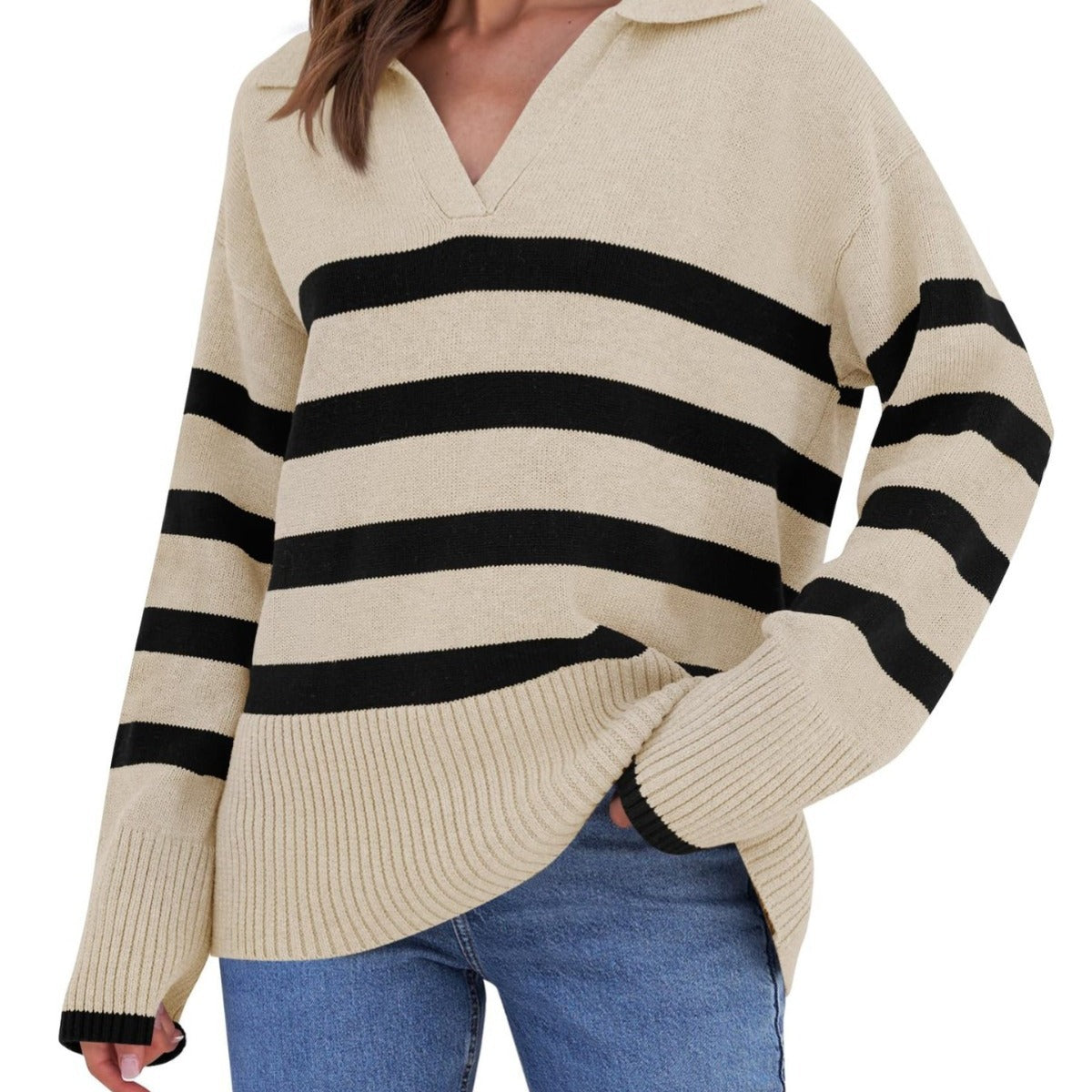 JERSEY DE MUJER A RAYAS CON CUELLO ELEGANTE