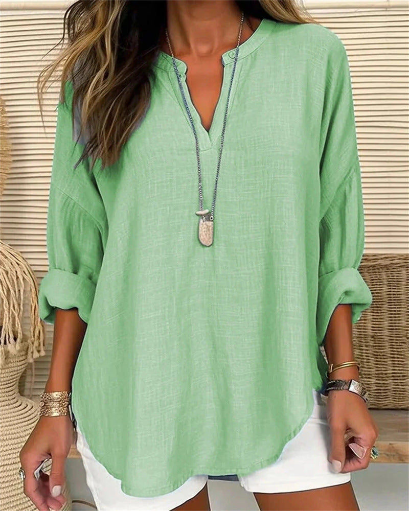 Blusa donna collo alto lino cotone stile casual comodo