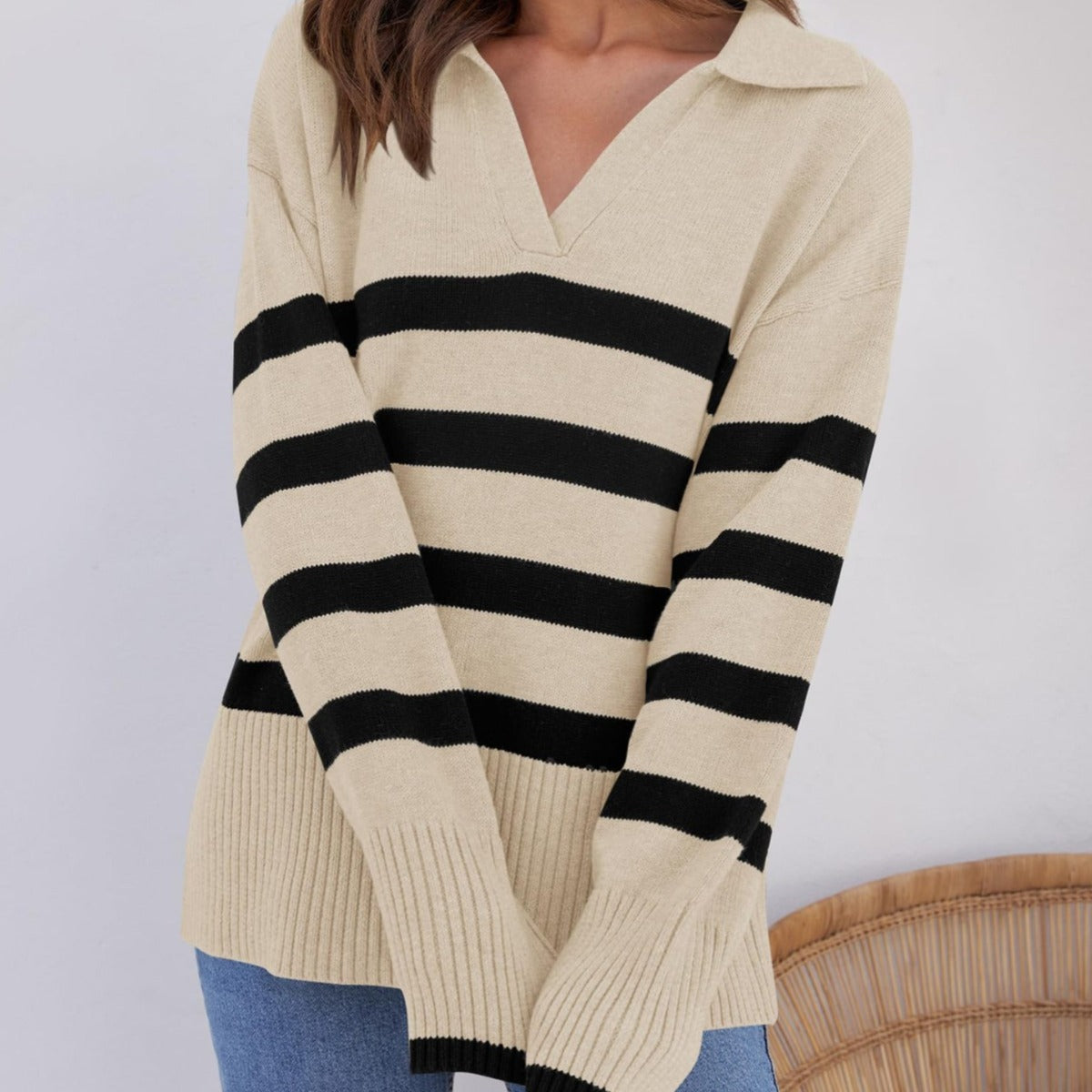 JERSEY DE MUJER A RAYAS CON CUELLO ELEGANTE